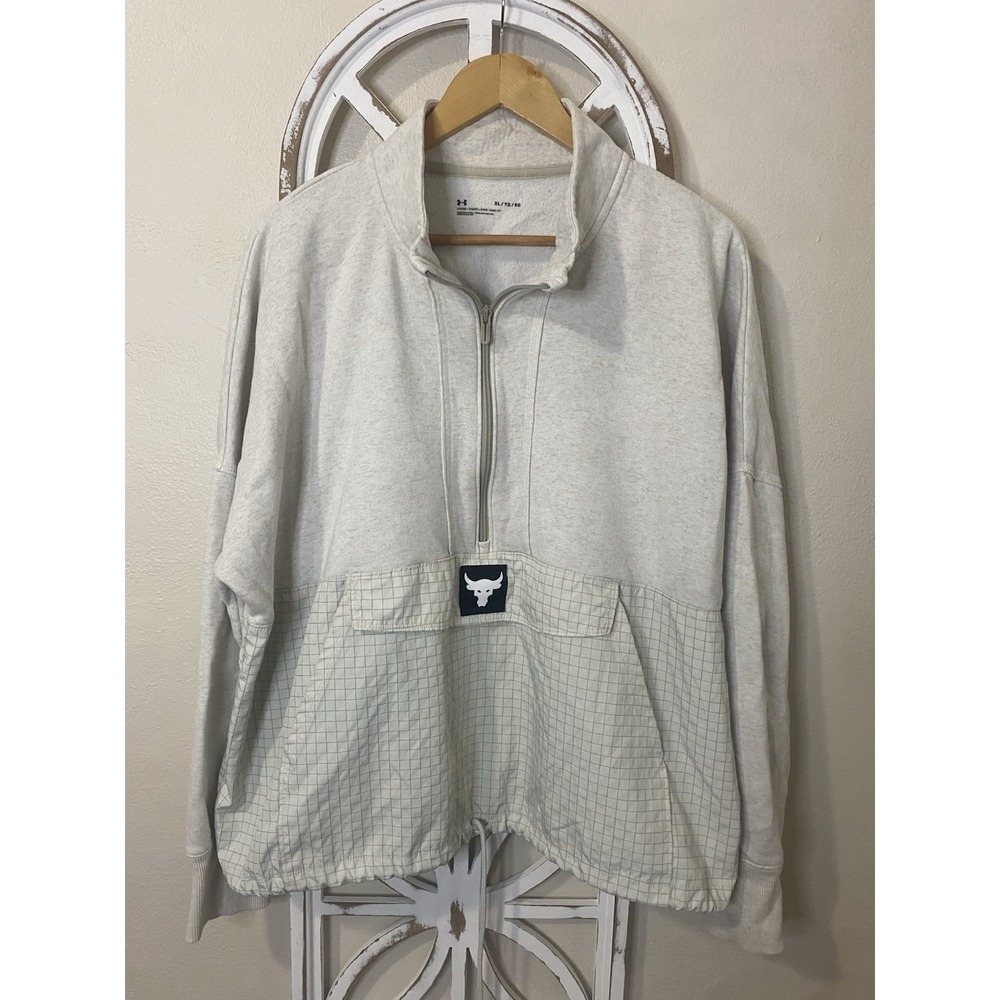 Under Armour Project Rock Womens XL loose Cream Half Zip Fleece Grid Pullover
